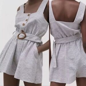 Zara linen white blue striped belted button front romper jumpsuit sailor XS